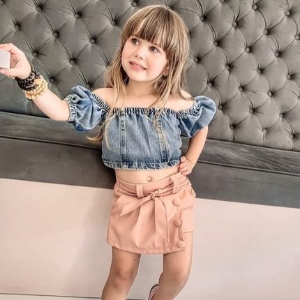 Jean Top/Peach Shorts Skirt 2782
