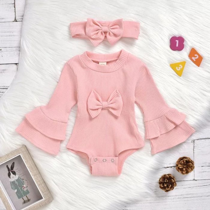 βρεφικό κορμάκι με φιόγκο σε ροζ minielephant.gr Baby Rib Jumpsuit 2831 - Image 3