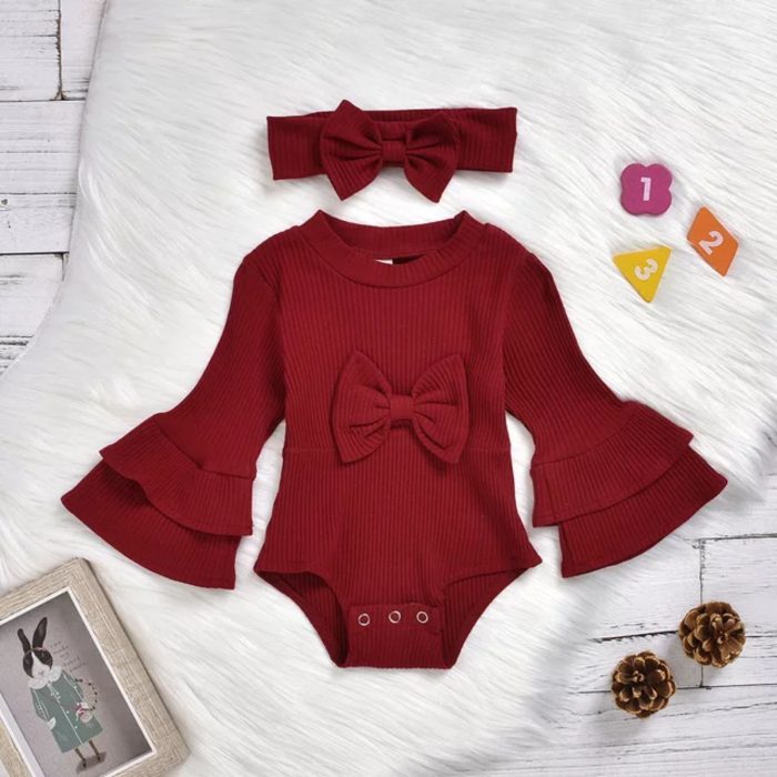 βρεφικό κορμάκι με φιόγκο σε ροζ κόκκινο minielephant.gr Baby Rib Jumpsuit 2831 - Image 2
