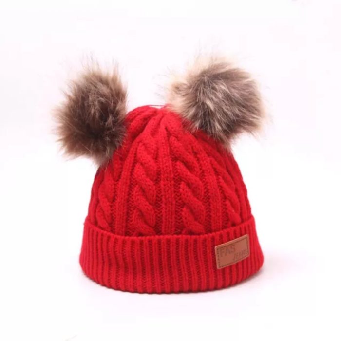 Knitted πλεκτό σκουφάκι με 2 πον πον σε πλεξούδα 3203 - Image 8