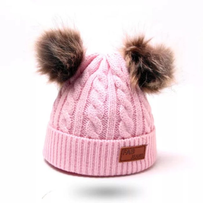 Knitted πλεκτό σκουφάκι με 2 πον πον σε πλεξούδα 3203 - Image 4