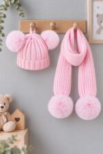 Set knitted σκουφάκι + κασκόλ λευκό ροζ 3206 - Image 2