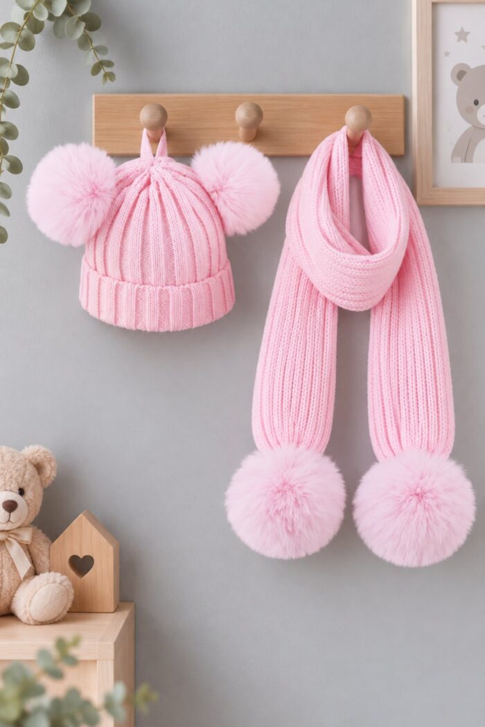 Set knitted σκουφάκι + κασκόλ λευκό ροζ 3206 - Image 2