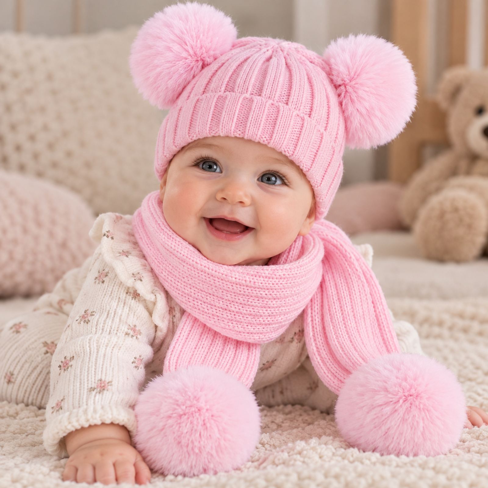 Set knitted σκουφάκι + κασκόλ λευκό ροζ 3206